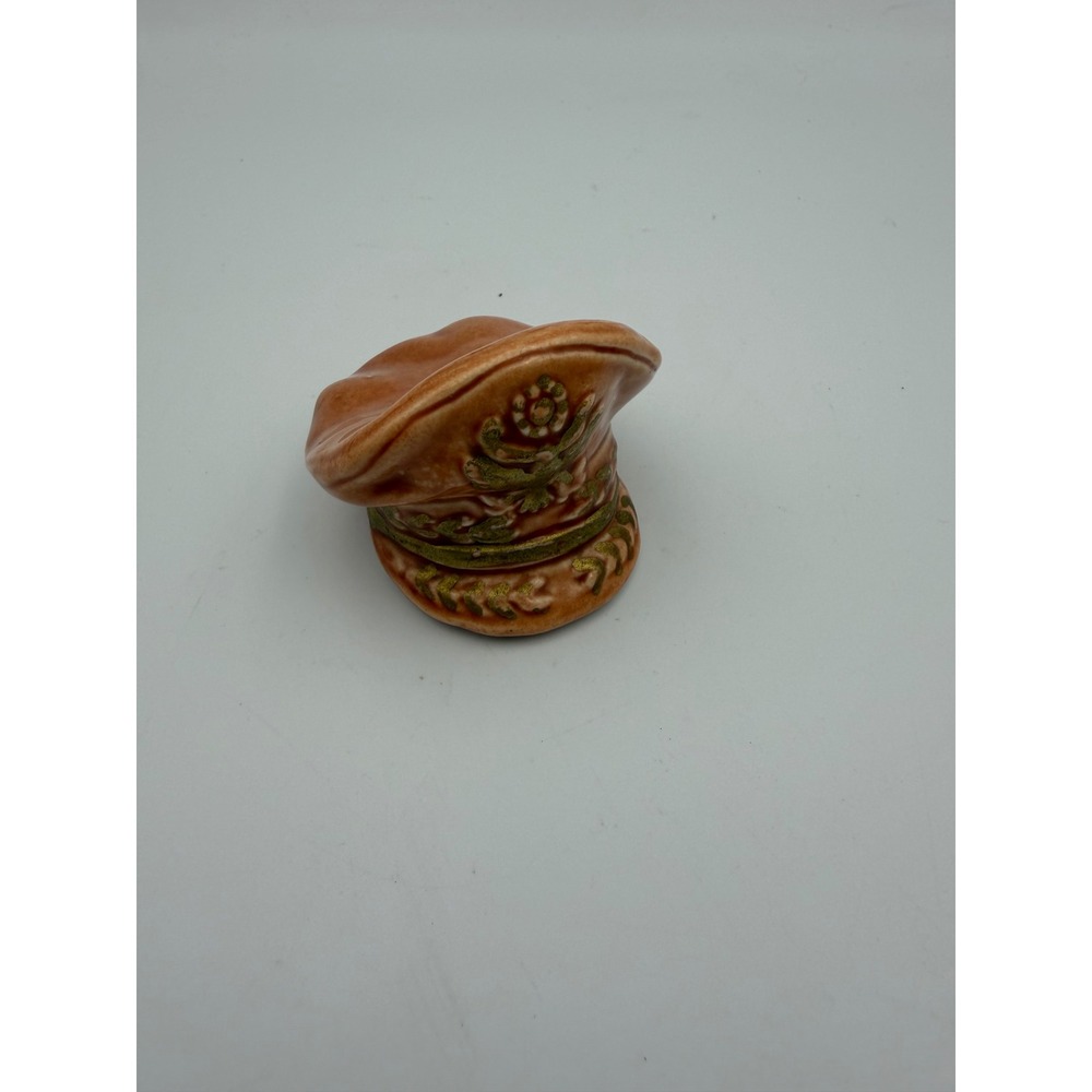 Vintage Ceramic Military Officer Cap Salt Shaker Tan Green Gold Collectible